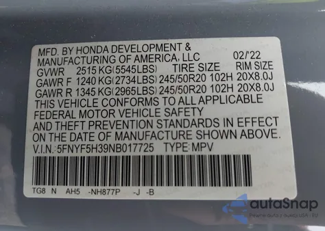 2022 Honda Pilot 2Wd Sport from USA, damaged, VIN 5FNYF5H39NB017725